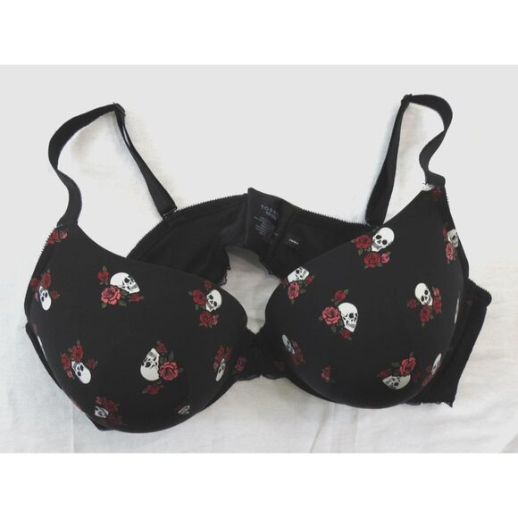Torrid Bra Sz 48DDD Skull Roses Print Microfiber Push-Up Plunge Black Sexy NWOT - Picture 3 of 7